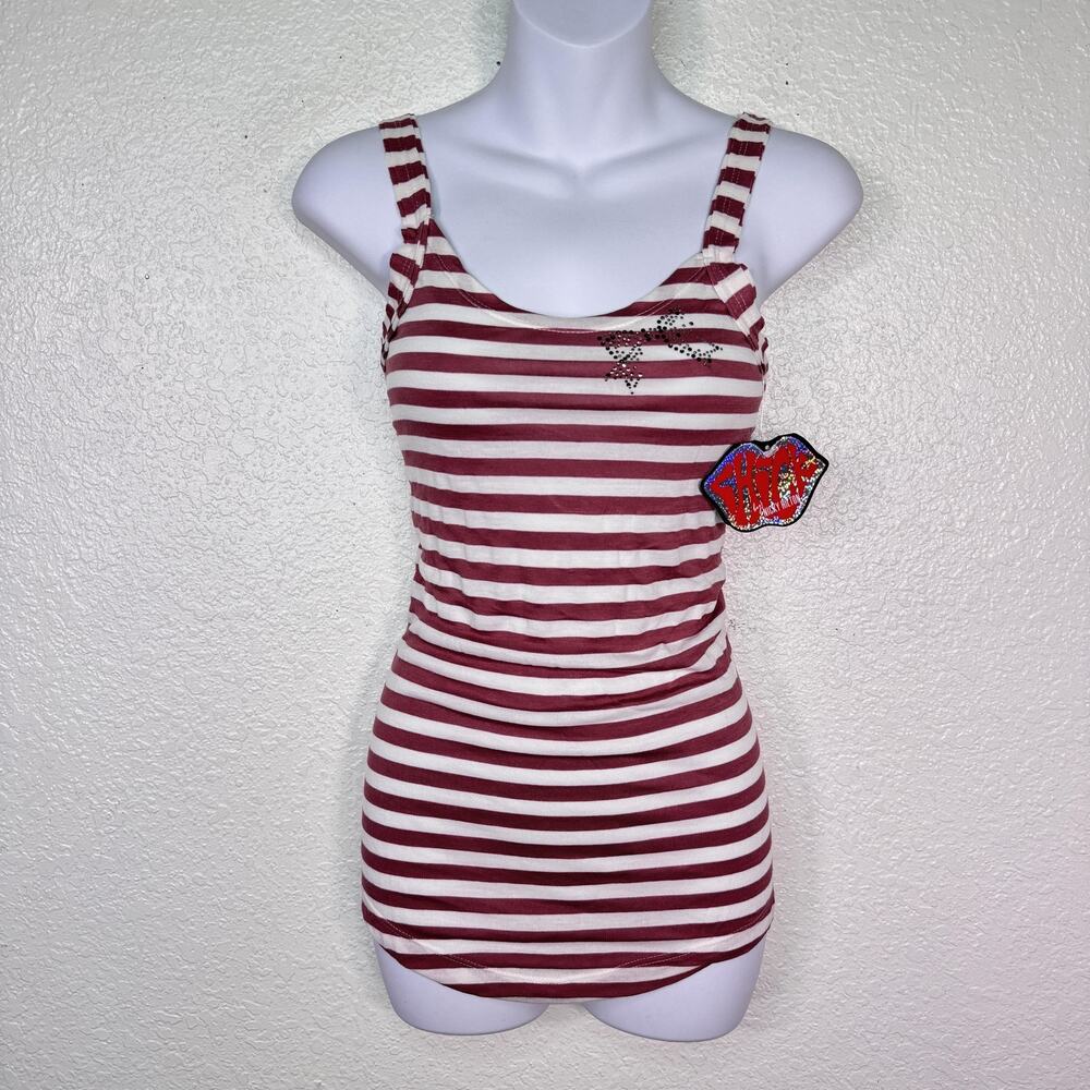 Chick By Nicky Hilton Y2K Top Womens Small Striped Rhinestone Bow Tunic Tank Red